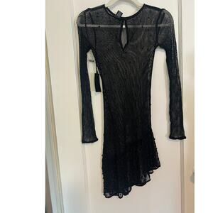 H:ours Black Beaded Mesh Dress Long Sleeve Angeled Hem, NOS Size XXS